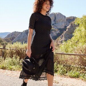 Lulus Dreaming Of You Black Swiss Dot Midi Dress - Size S